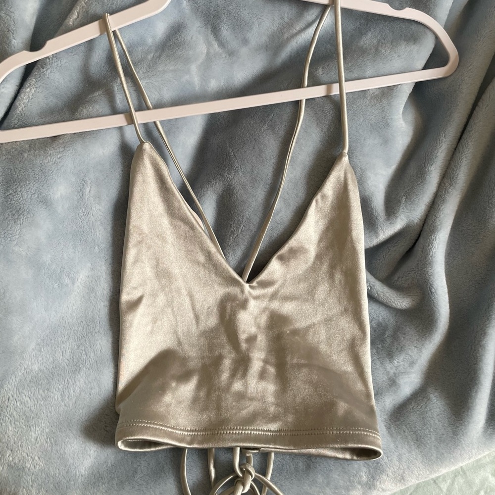 Garage Silver V-neck Lace up Tank Metallic XS